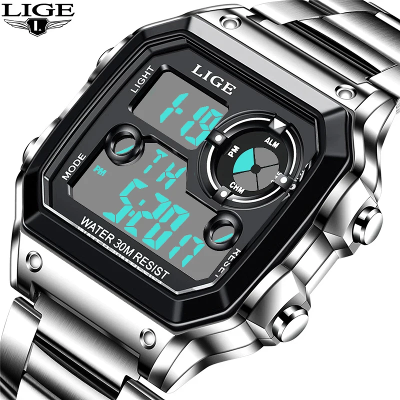 LIGE 8921 Stainless Steel Strap Digital Watch Wristwatches